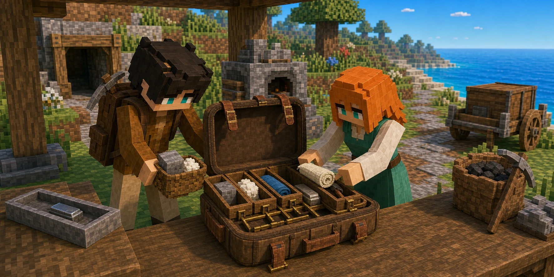 In one game-anime coastal depot scene, the canonical black-haired villager boy carries a basket of stone and cotton toward an open compartmented backpack while the canonical orange-haired villager girl sorts rolled cloth and metal into its dense rows; a second resource basket, forge, cart, baked terrain, flowers, and flat blue water complete the working world.