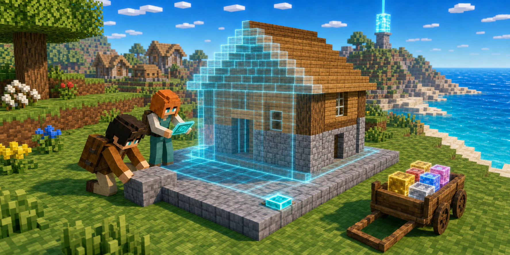 The canonical villager boy places a gray stone block into a level rectangular foundation while the villager girl holds a cyan blueprint tablet beside a half-translucent wooden and stone cottage; glowing colored cubes rest on a wooden cart, with an ocean and beacon in the distance.