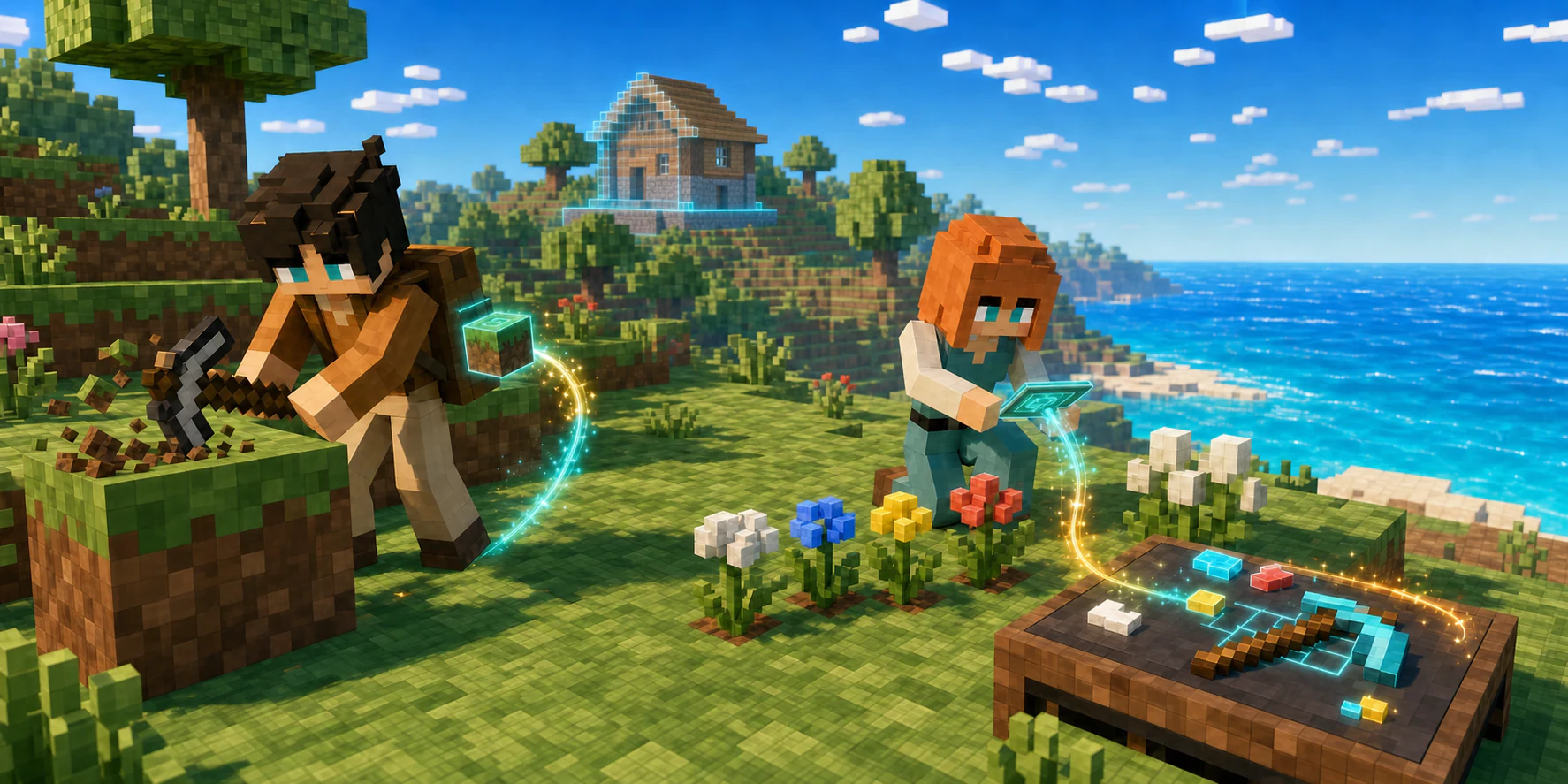 The NiceChunk villager boy mines a block while the villager girl scans flowers and cotton beside a forge table, with a supported exact-scale cottage preview visible on the distant hill.