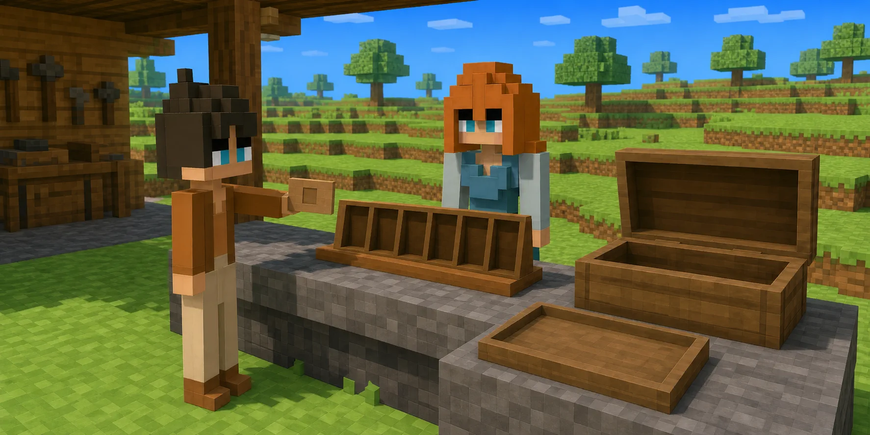 In a teaching scene generated from the canonical villagers and a real Chunk.js hillside reference, the boy holds one plain rectangular wooden inspection card with a centered square inset beside a rack of six equal empty recesses while the girl observes; an open empty chest and an empty shallow tray remain separate on the counter.