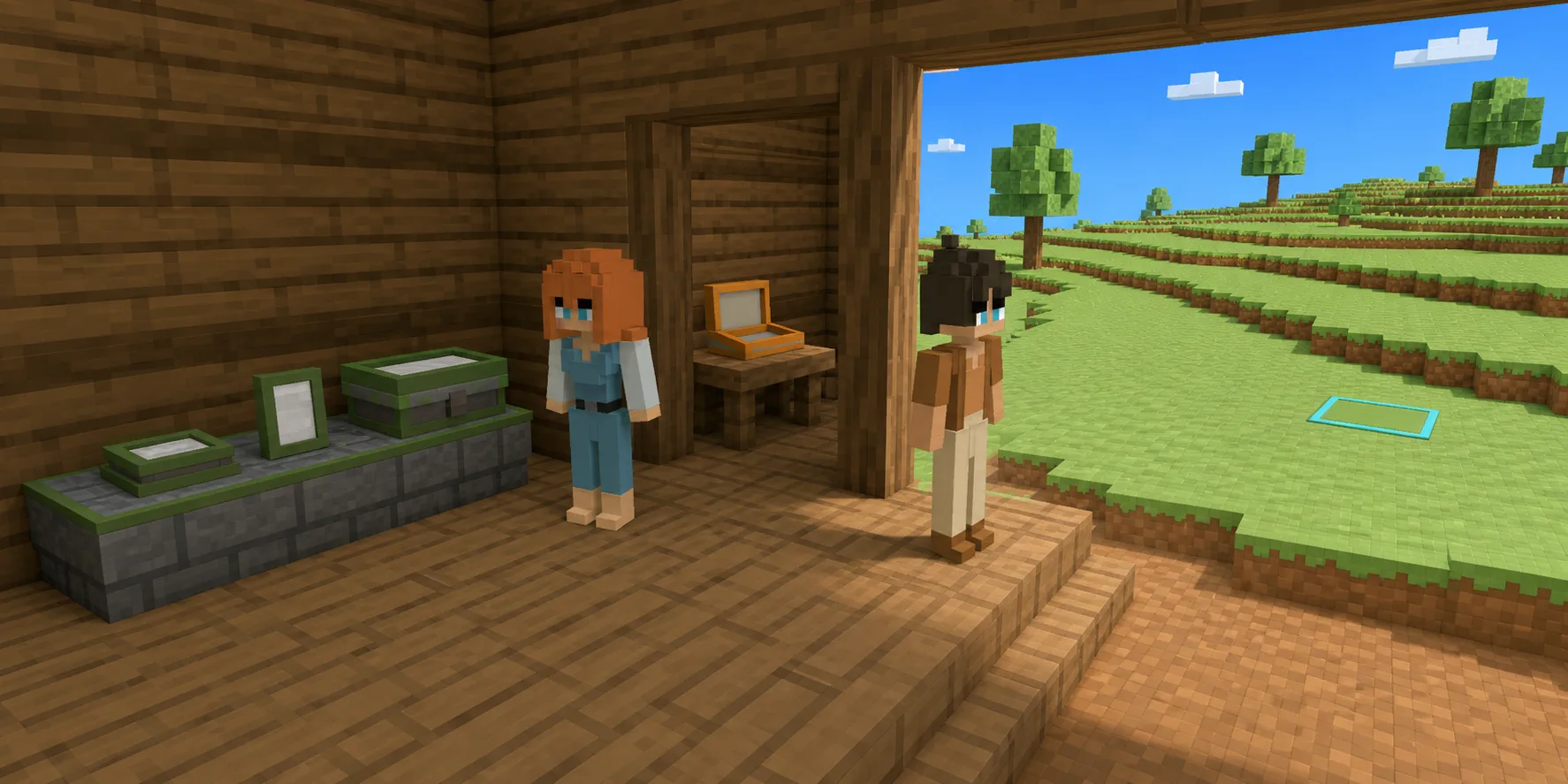 In a teaching scene generated from the canonical villagers and a real Chunk.js hillside reference, the girl stands beside three green-edged record forms inside a timber workshop while a separate orange-edged open case remains in another room and the boy looks toward a distant cyan ground frame outside.