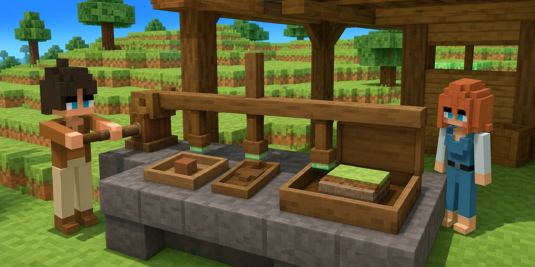In a teaching scene generated from the canonical villagers and a real Chunk.js hillside reference, the boy turns one wooden press whose beam reaches three separate work positions: a single block tray, a shaped-name tray, and an open chest containing a layered model; the girl observes with empty hands.