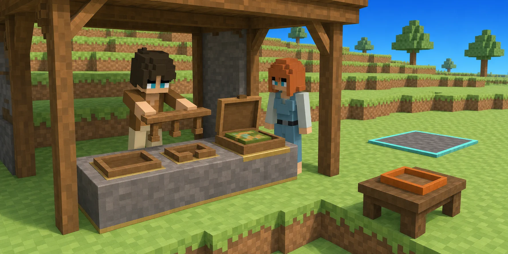 In a teaching scene generated from the canonical NiceChunk villagers and a real Chunk.js hillside reference, the boy works a wooden press above three distinct counter forms—two shallow trays and one open case containing a small block-pattern model—while the girl watches; separate cyan and orange frames remain away from the counter.