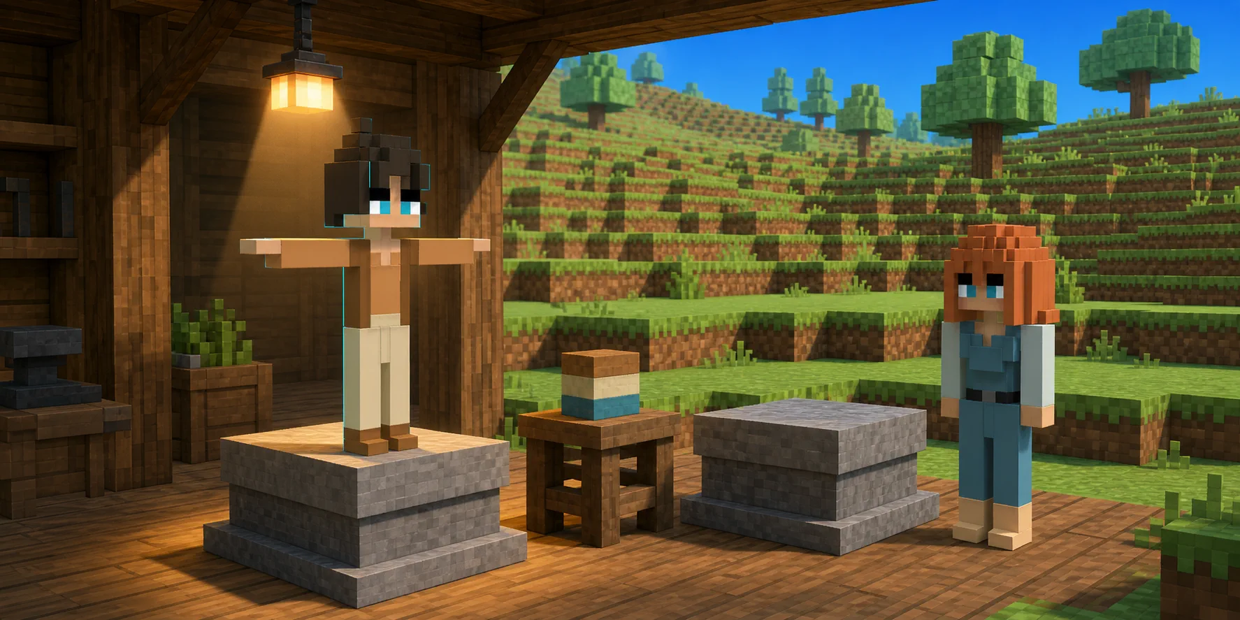 In a teaching scene generated from the canonical villagers and a real Chunk.js hillside reference, the boy stands in a neutral preview pose on one stone pedestal while the girl waits beside a second empty pedestal; a small layered color sample sits between them.