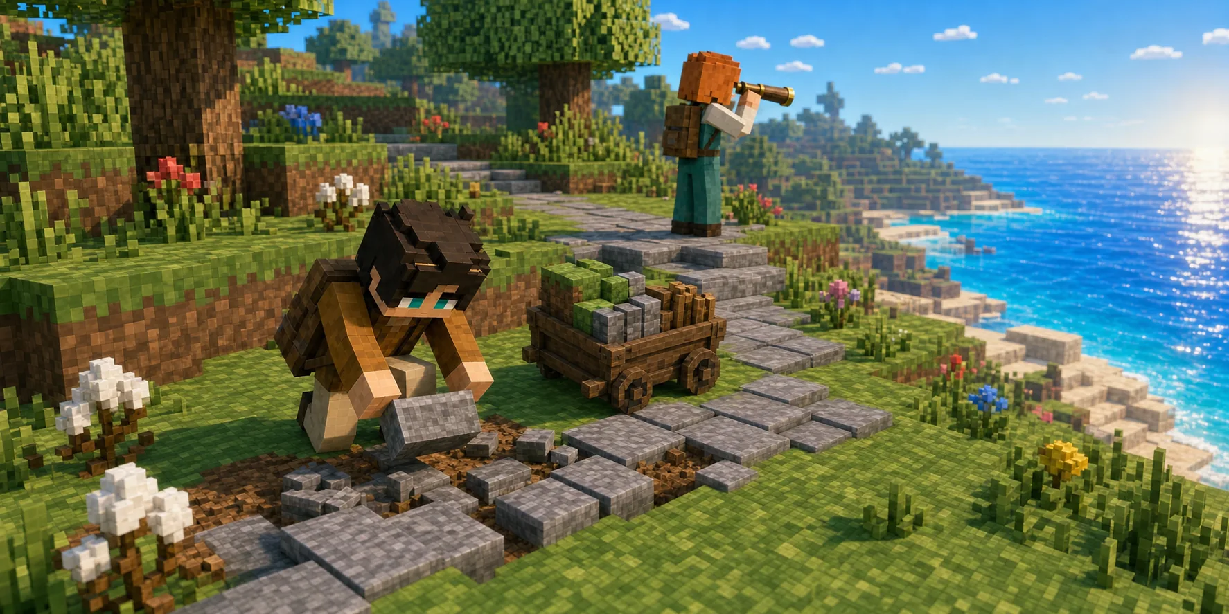 The canonical villager boy repairs only a short damaged stretch of a baked stone road while the villager girl surveys the intact coastal route ahead through a brass spyglass; a wooden cart groups reusable grass, stone, and wood blocks beside detailed Chunk.js terrain, cotton, flowers, and reflective water.