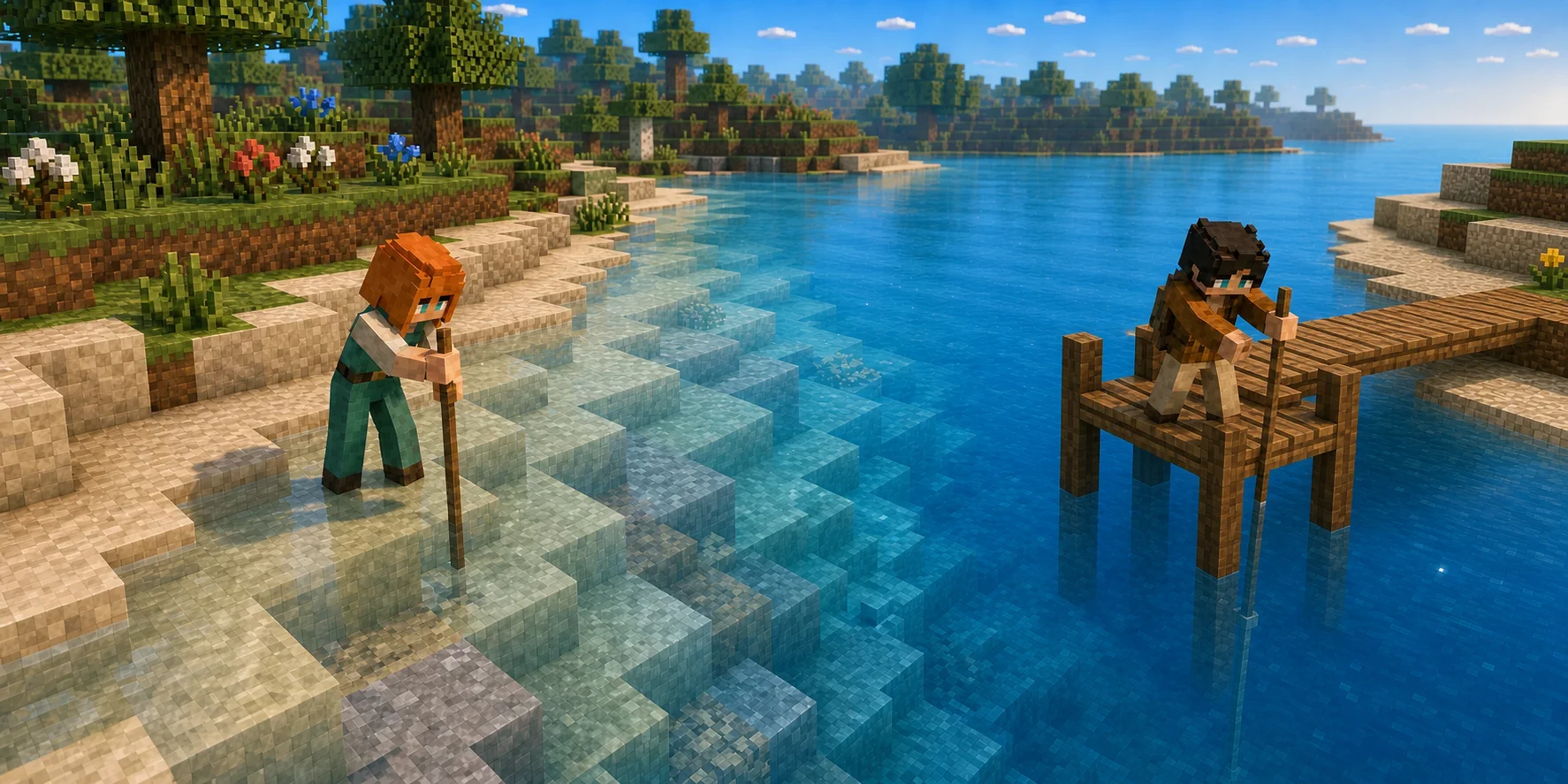 The canonical orange-haired villager girl measures a shallow stepped riverbed while the black-haired villager boy repeats the survey from a pile-supported pier across the same flat, depth-tinted water plane.