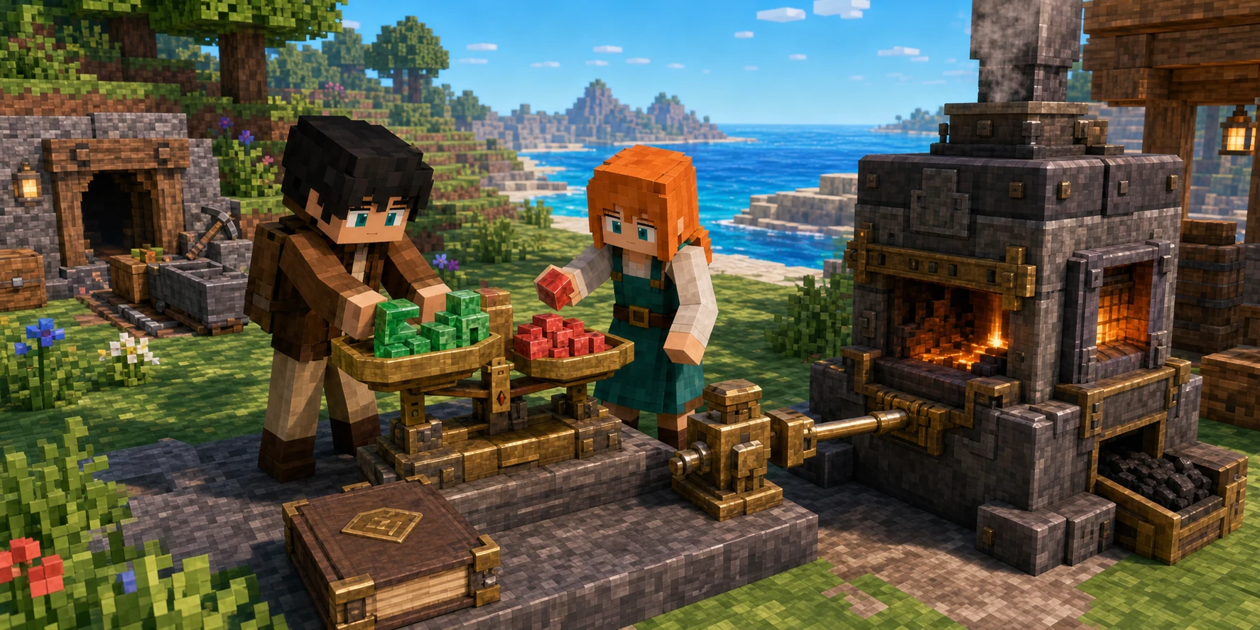 In one game-anime coastal workshop mission, the canonical black-haired villager boy and orange-haired villager girl place green and red resource cubes on opposite pans of a brass balance beside a closed rule ledger, while a mechanical shaft links the weighing platform to a lit stone furnace amid Chunk.js-style grass, flowers, stone, trees, and blue water.