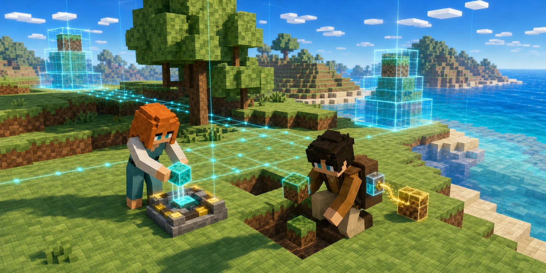 The villager girl places a seed cube into a coordinate compass while the villager boy compares a generated grass block and records a mined coordinate separately; identical terrain echoes appear across the lattice.
