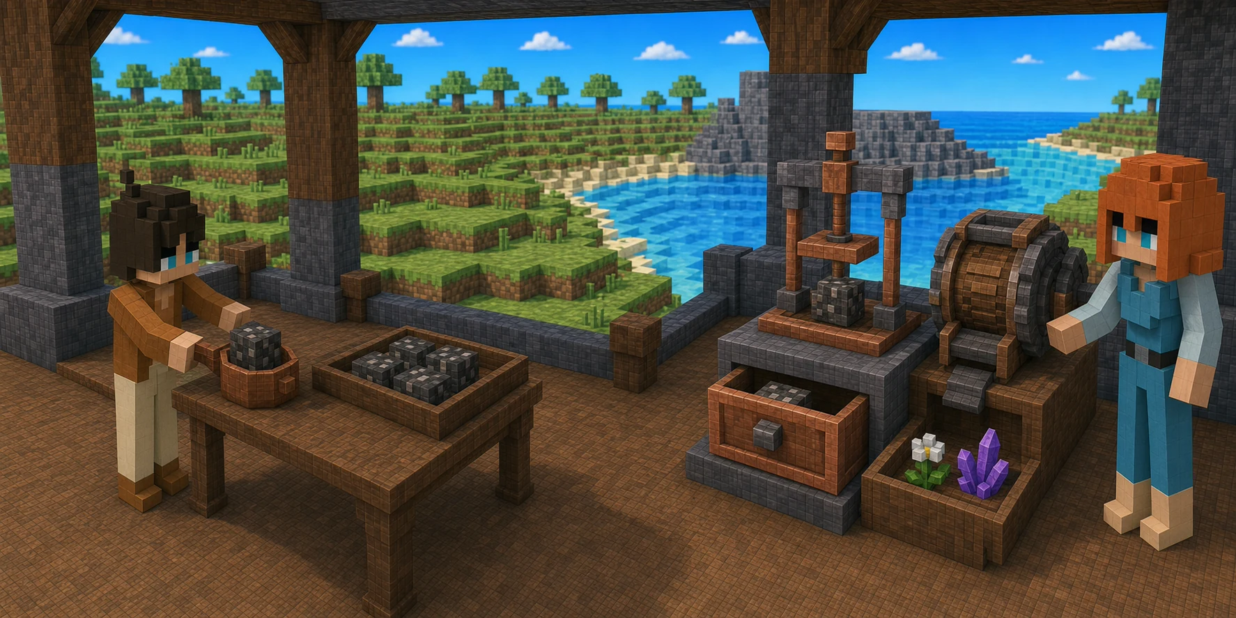 Generated NiceChunk mining scene with a translucent local estimate beside a sealed contract measurement station.