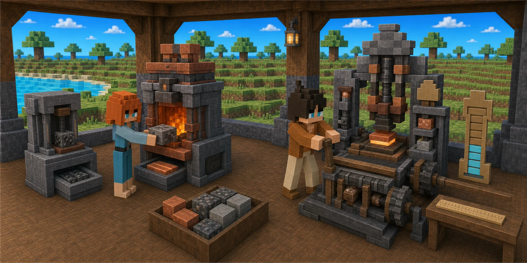 Generated NiceChunk foundry where one verified skill ledger feeds separate smelting and forging calculation stations.