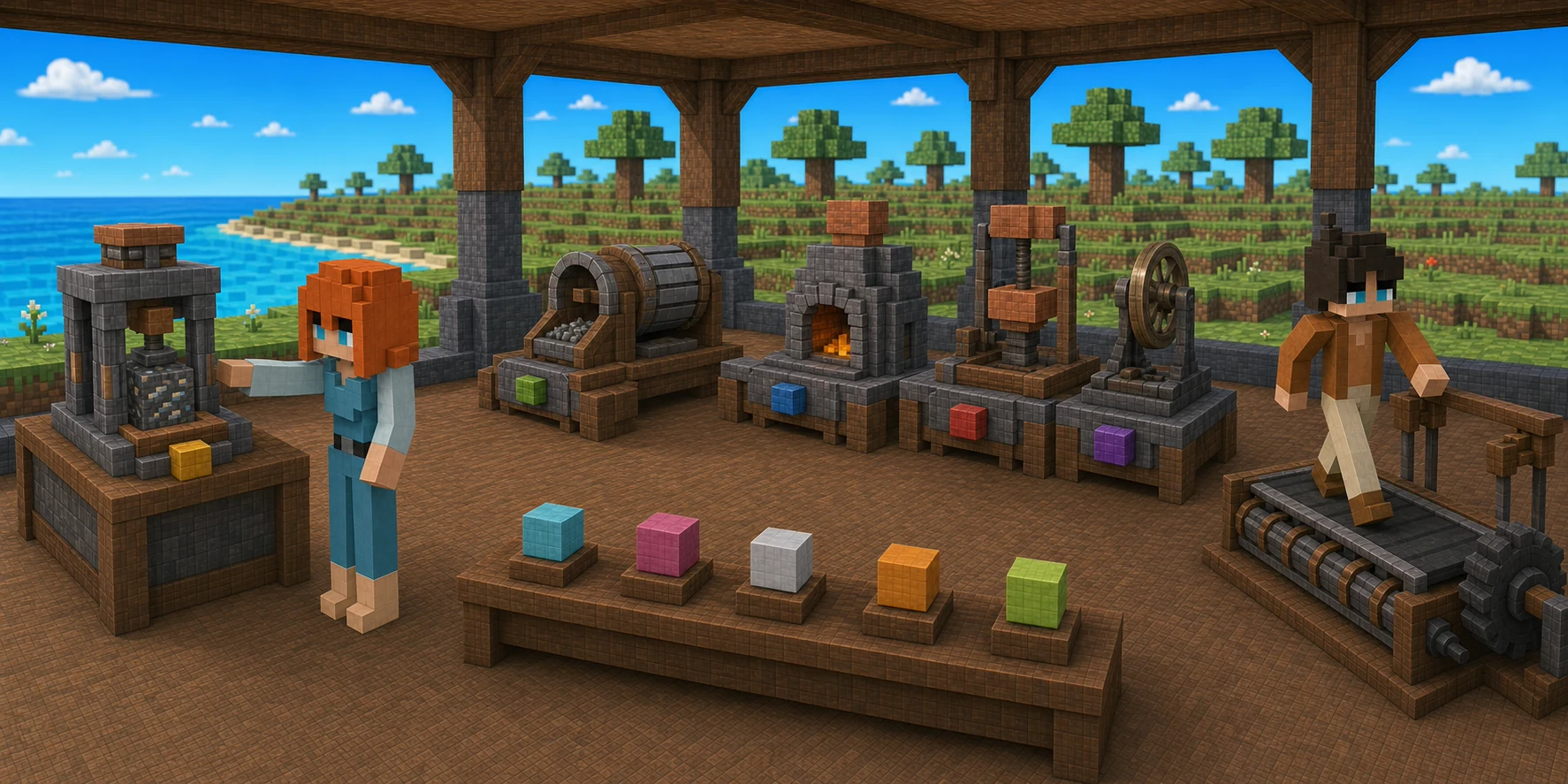 Generated NiceChunk workshop with ten skill tokens routed to contract machines, local controls, or unfinished stations.