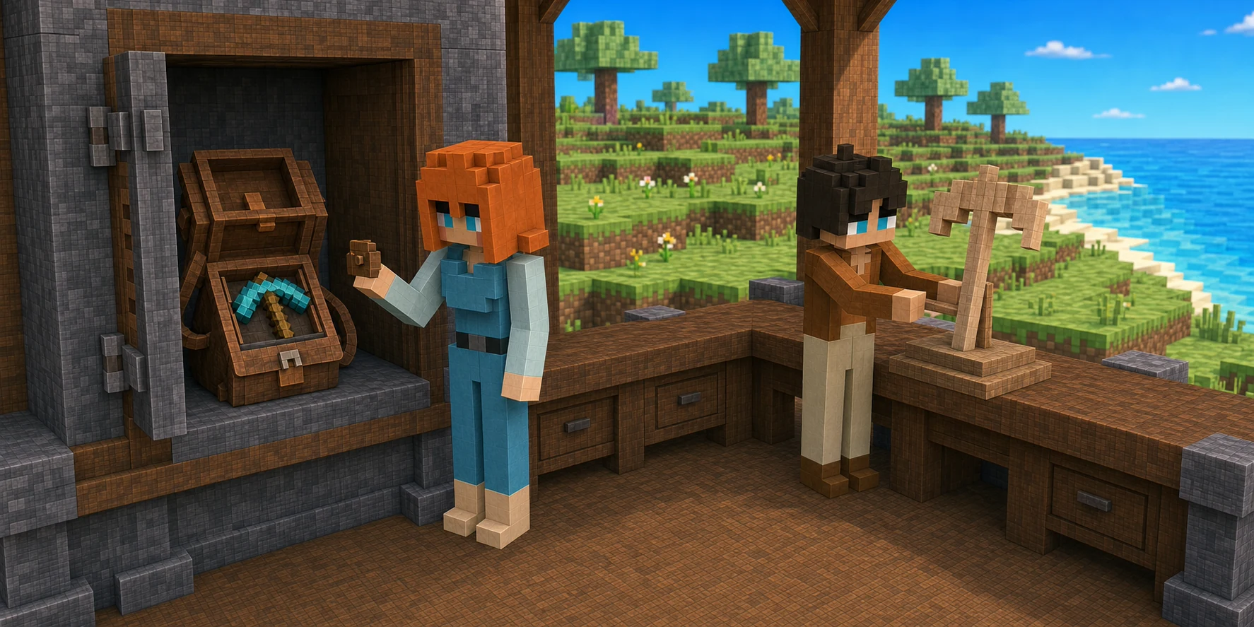 Generated voxel workshop where the canonical girl holds a small wooden owner plug beside a forged tool in an open Backpack while the canonical boy examines a rough unpainted tool on a stand near a program-controlled wall recess.