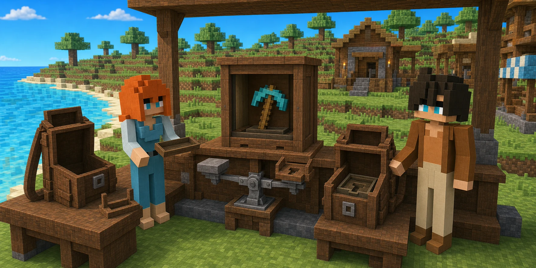 Generated voxel village market where a forged tool already rests inside a central open wooden listing cabinet, the canonical girl stands beside an empty seller Backpack and tray, and the canonical boy stands beside an open destination Backpack.