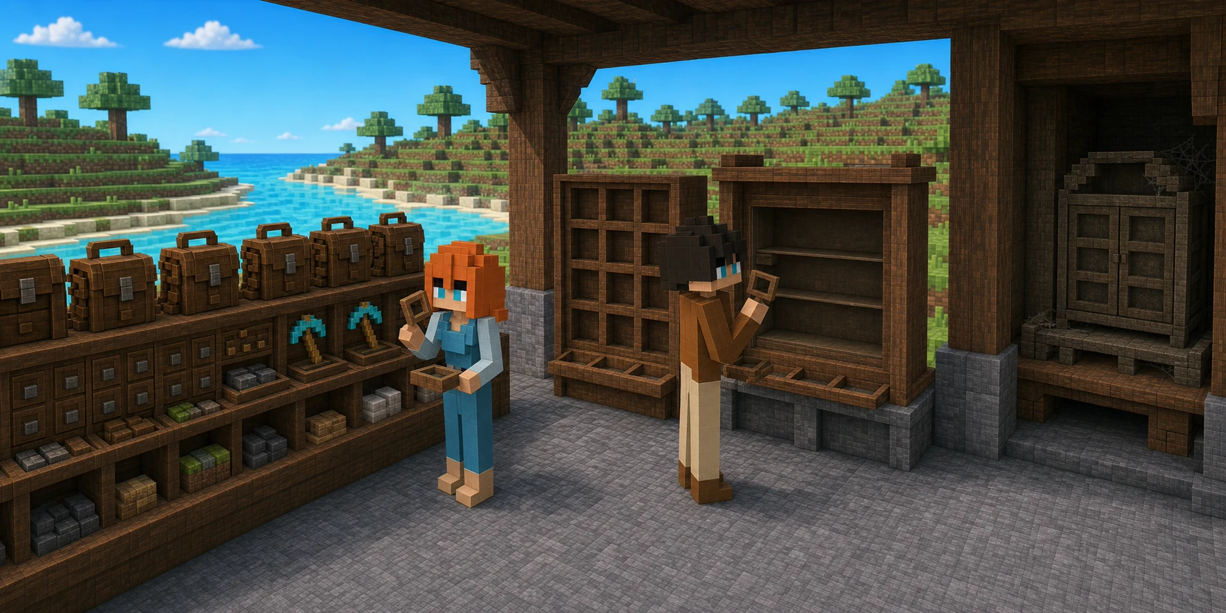 Generated voxel chain observation deck where the canonical villagers inspect a group of Backpacks, a few forged tools, an empty equipment rack, and an empty market display through survey instruments.