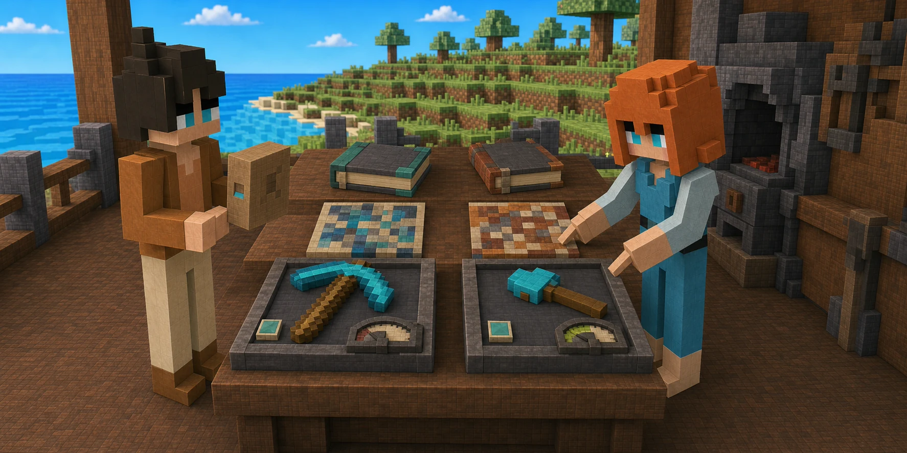 Generated voxel forge where the canonical villagers compare two visibly different forged tools, each paired with its own mosaic design board and account notebook while matching cyan markers indicate a shared account format.