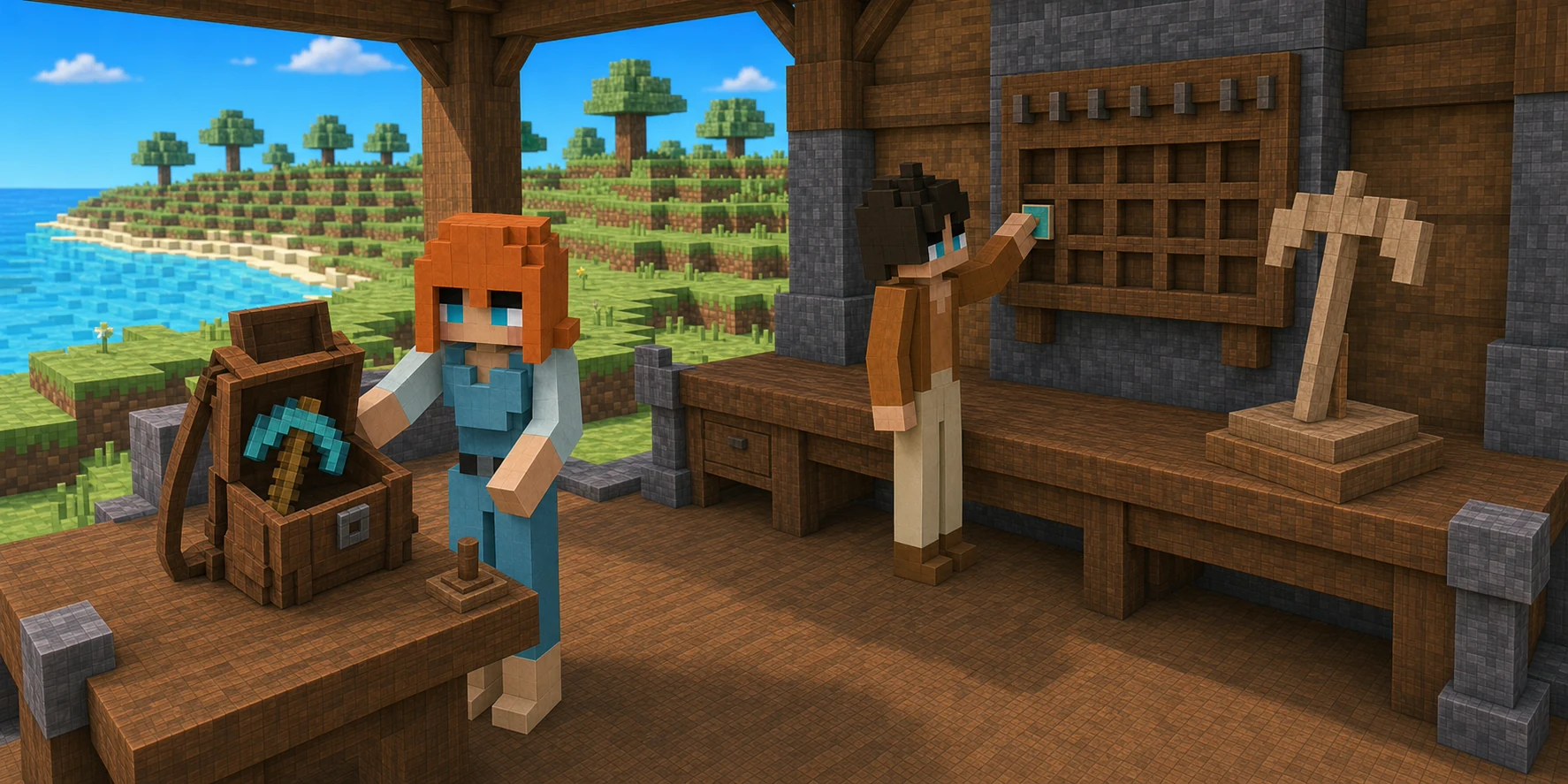 Generated voxel village workshop where the canonical girl stands beside a forged tool in an open Backpack, the canonical boy places a cyan reference tile into a multi-cell wall equipment rack, and a rough unpainted tool rests on a local rehearsal stand.