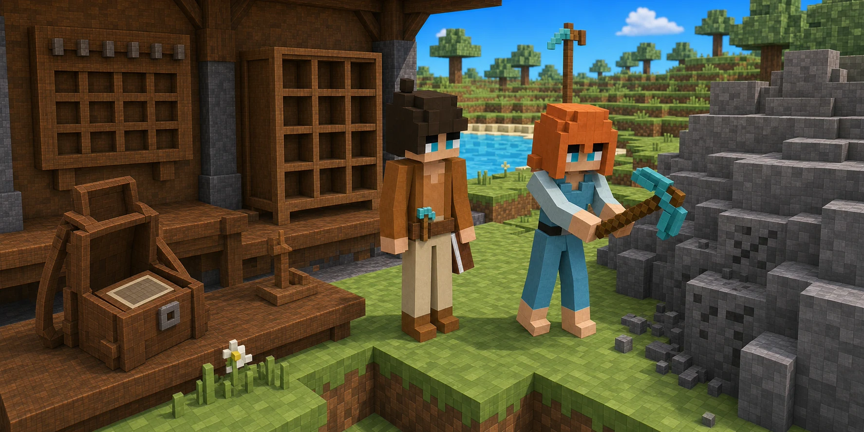Generated voxel riverside game scene where the canonical girl swings a forged tool at stone while the canonical boy stands between an open Backpack, two empty equipment racks, and a small local rehearsal stand.