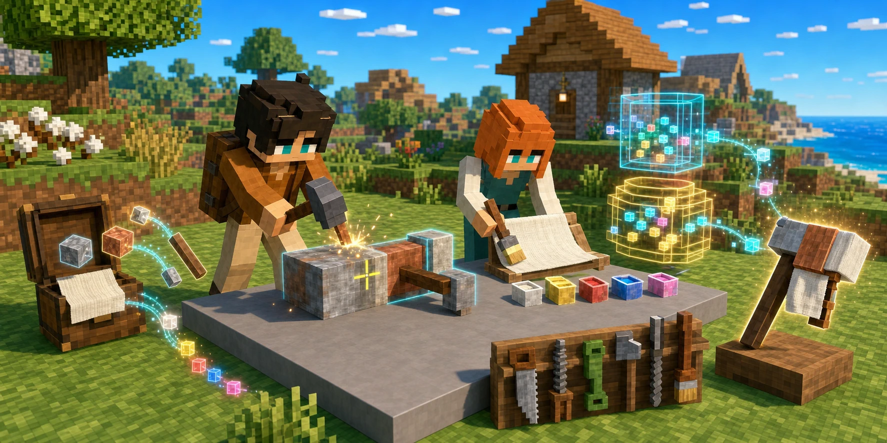 The canonical villager boy hammers a selected side face of a supported multi-material assembly while the villager girl paints a cotton-cloth panel; real forge tools, an XYZ material gizmo, backpack resources, abstract capacity scales, and a gently waving finished item form one game-anime quest scene.