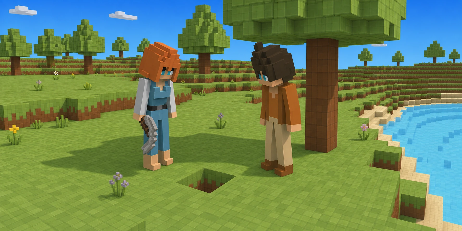 In a teaching scene generated from the canonical villagers and real Chunk.js river-bank reference, the girl lowers her pickaxe while the boy inspects the same single-voxel gap without particles or status effects.