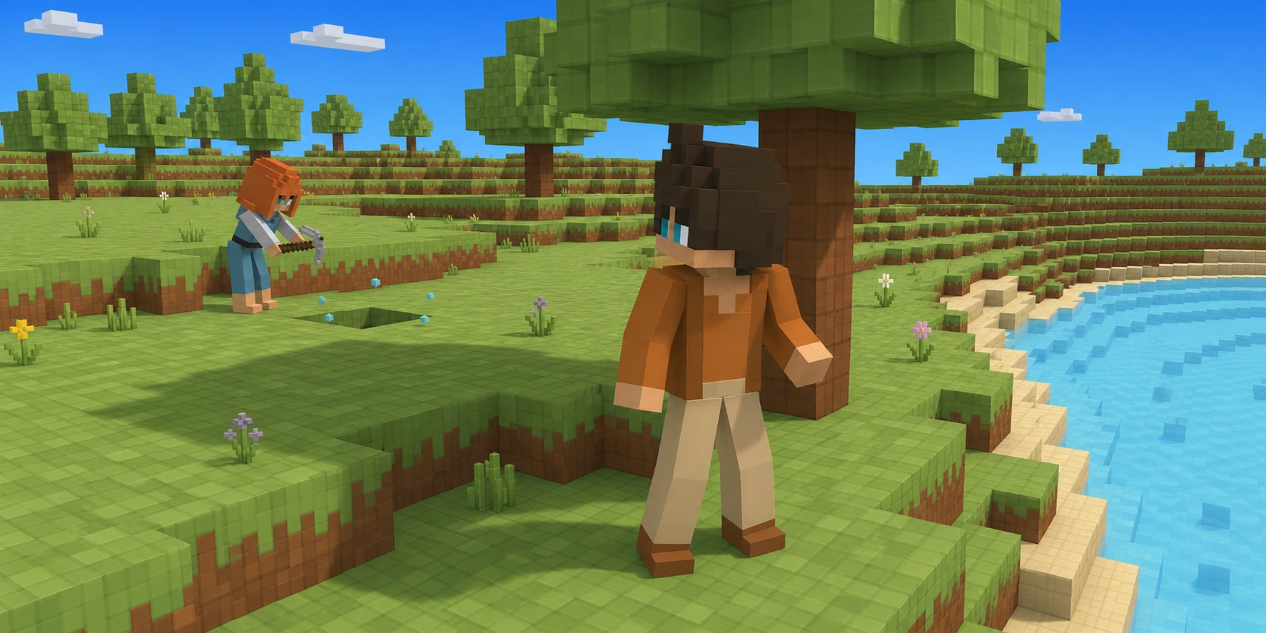 In a teaching scene generated from the canonical villagers and real Chunk.js river-bank reference, the receiving boy turns toward the distant girl while his client shows one clean voxel gap and faint metaphorical chips.