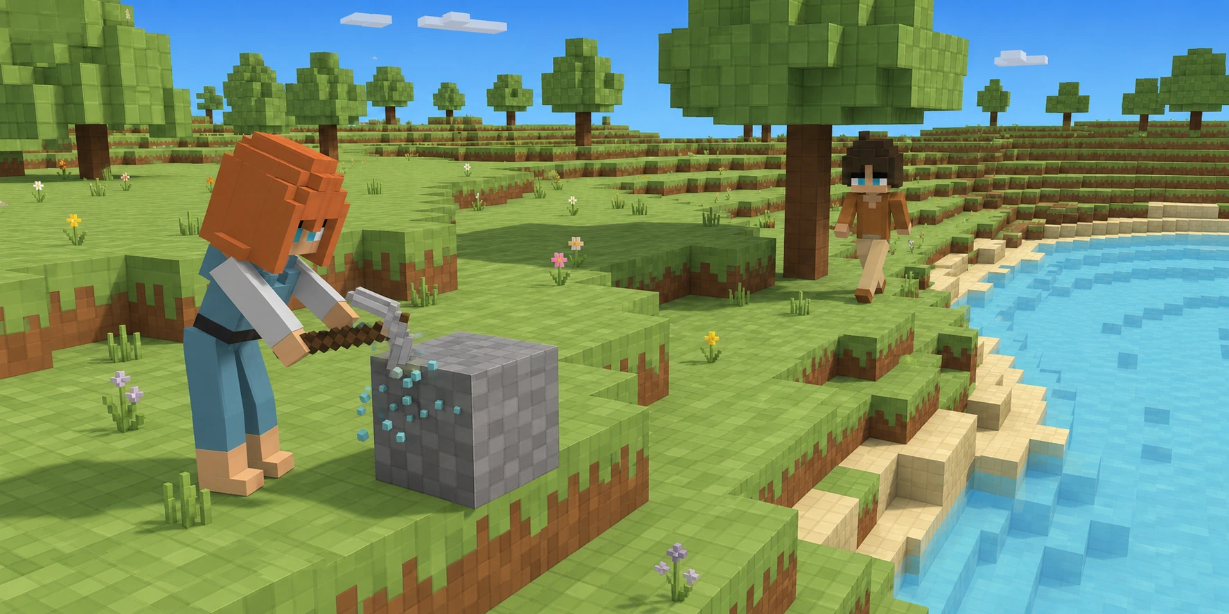 In a teaching scene generated from the canonical villagers and real Chunk.js river-bank reference, the girl strikes the same intact stone voxel while a few metaphorical cyan chips appear and the boy remains distant.