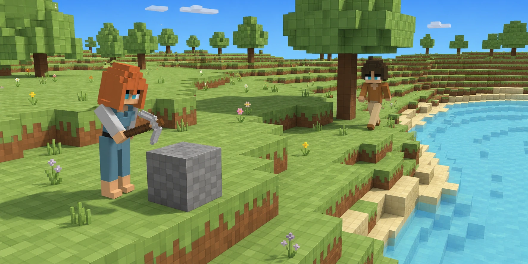 In a teaching scene generated from the canonical villagers and real Chunk.js river-bank reference, the girl prepares to mine one intact stone voxel while the boy approaches around a distinctive tree.