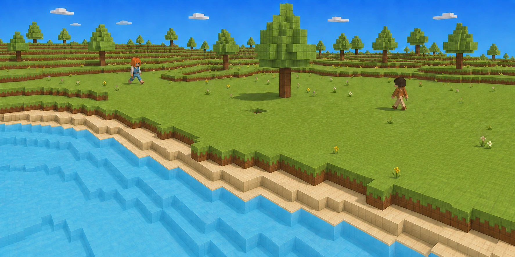 In a teaching scene generated from the canonical villagers and real Chunk.js river-bank reference, a clean reverse view shows the same distinctive tree and one persistent voxel gap while the girl and boy return from different directions.
