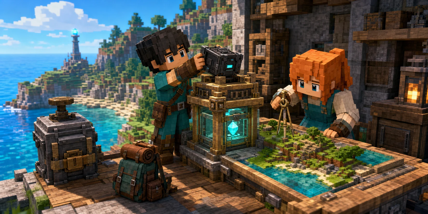The dark-haired NiceChunk villager boy lowers a removable dark program cartridge onto a brass machine while the orange-haired villager girl surveys an exact voxel terrain model; a cyan genesis crystal remains locked in a separate glass vault beside richly baked coastal blocks and the game's level blue water surface.
