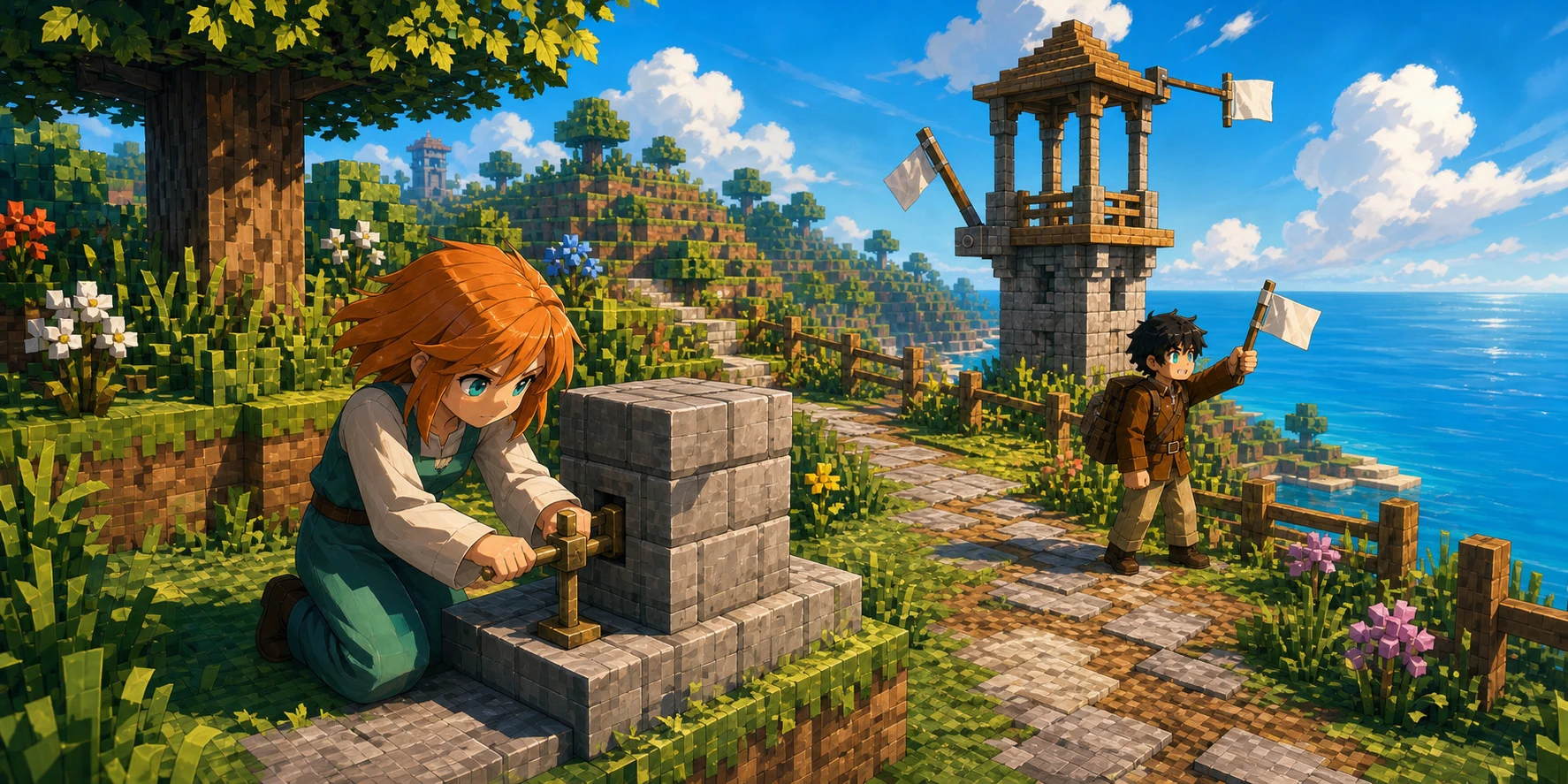 In one game-anime survey mission, the canonical orange-haired villager girl aligns a brass locator with a carved stone survey marker on a Chunk.js coastal trail while the canonical black-haired villager boy signals toward a nearby unoccupied mechanical relay tower; the connected voxel terrain continues beyond the tower without any interface panels or labels.