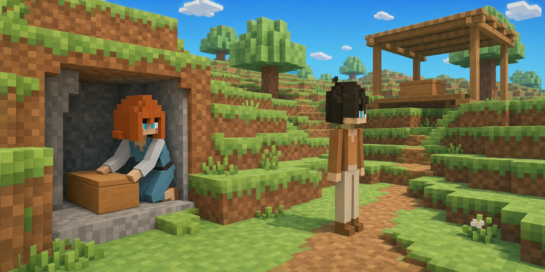 In a teaching scene generated from the canonical villagers and a real Chunk.js hillside reference, the girl places one plain closed wooden box in a dry stone recess while a second closed box remains under the distant camp shelter and the boy stands between them.