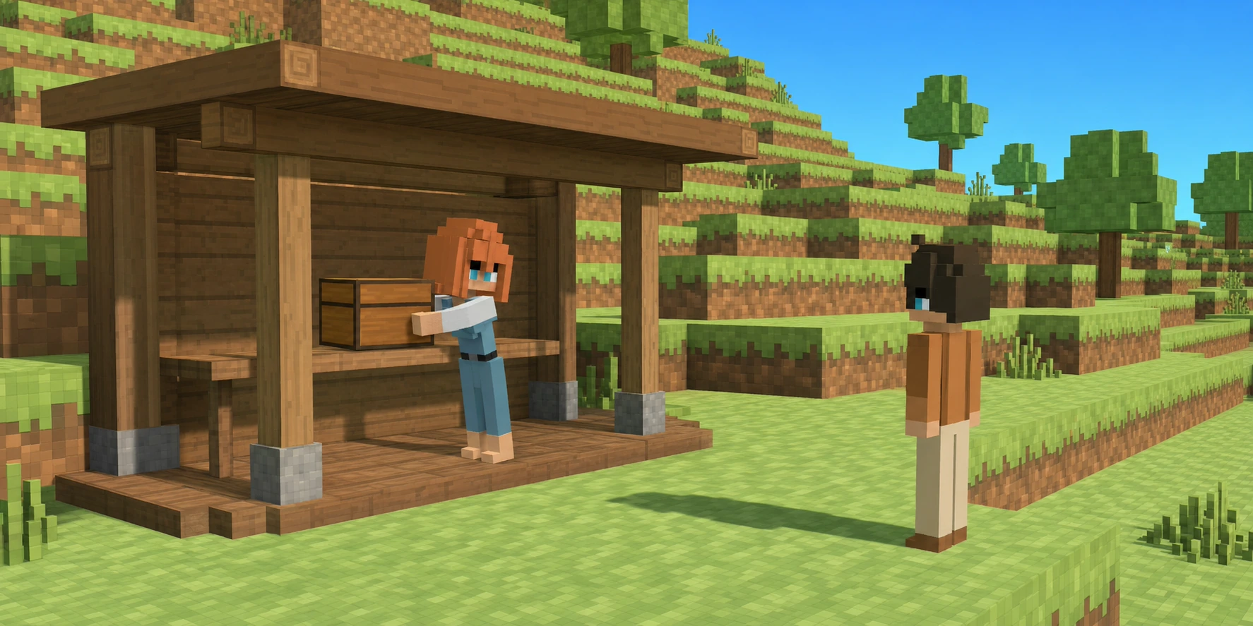 In a teaching scene generated from the canonical villagers and a real Chunk.js hillside reference, the girl places one closed wooden box on an exposed shelf inside an open timber shelter while the boy watches from outside.