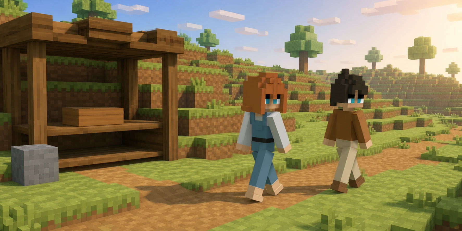 In a teaching scene generated from the canonical villagers and a real Chunk.js hillside reference, the girl and boy walk away from an open timber camp while one plain closed wooden box remains on its exposed shelf and an intact stone block remains beside it.