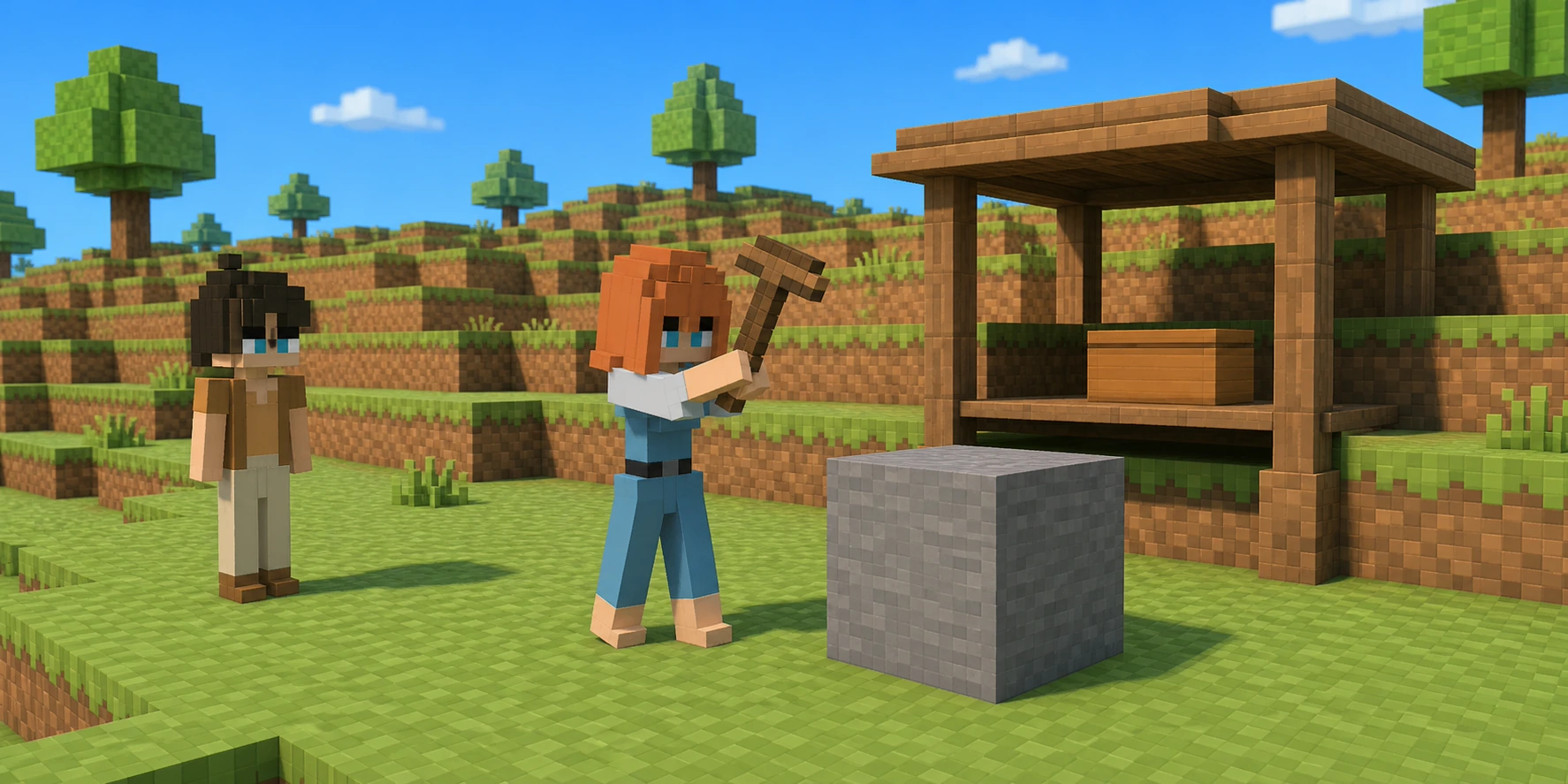 In a teaching scene generated from the canonical villagers and a real Chunk.js hillside reference, the girl raises one pickaxe before one intact stone block while the boy waits aside and one closed wooden box remains on the camp shelf behind her.