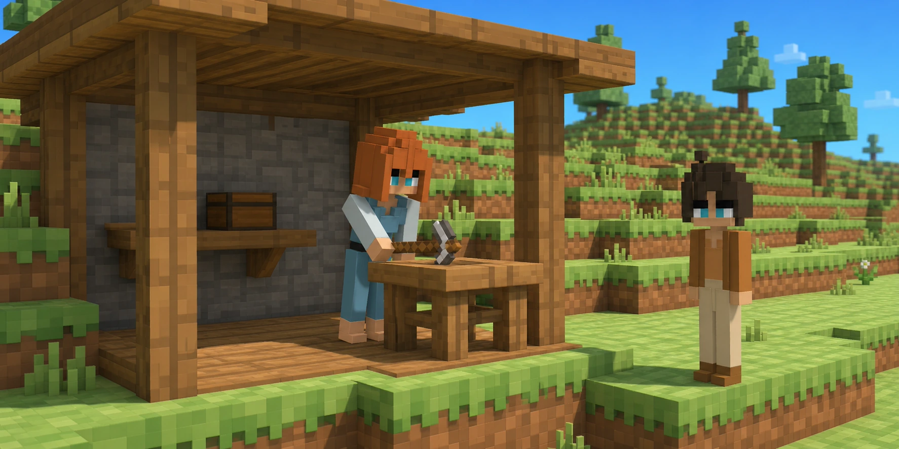 In a teaching scene generated from the canonical NiceChunk villagers and a real Chunk.js hillside reference, the girl prepares a pickaxe at an open timber camp while one closed wooden box stays on her shelf and the boy waits outside.