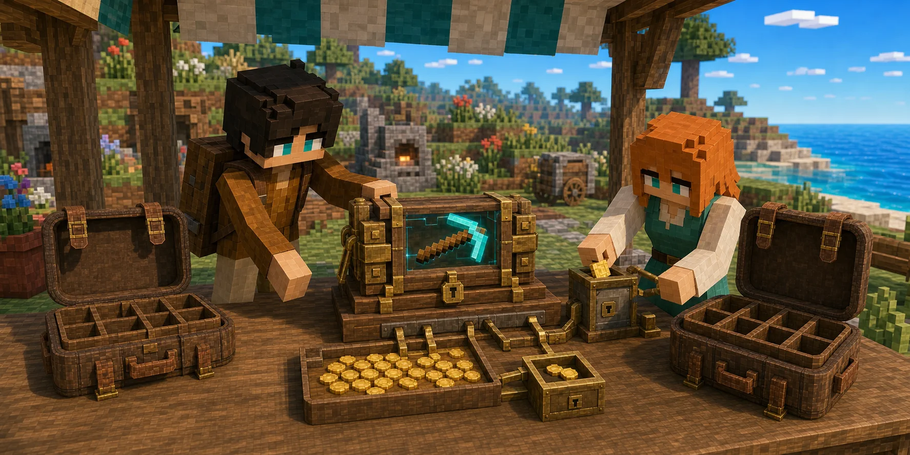 In one game-anime coastal market mission, the canonical black-haired villager boy and canonical orange-haired villager girl face a central brass-and-wood escrow carriage holding exactly one cyan forged tool; two empty compartmented Backpacks stand open while physical seller and treasury payment trays divide coins beside Chunk.js-baked grass, stone, sand, plants, and depth-lit blue water.