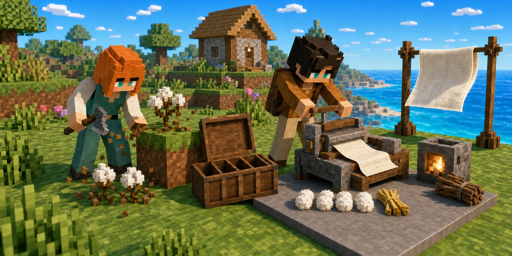 The canonical villager girl mines the grass support beneath cotton beside an open compartmented inventory chest while the villager boy presses four white cotton tufts and one dry-grass bundle into cloth; a separate fuel fire burns nearby and a completed cloth panel moves in the sea breeze.