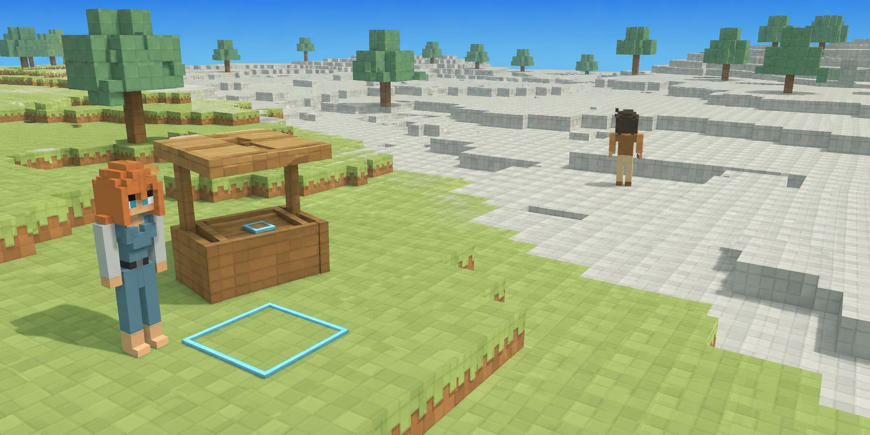 In one continuous generated NiceChunk landscape, the canonical girl stands beside an empty cyan candidate square and an unused tile in a wooden tray, while the canonical boy stands far away from behind on pale stepped Genesis terrain.