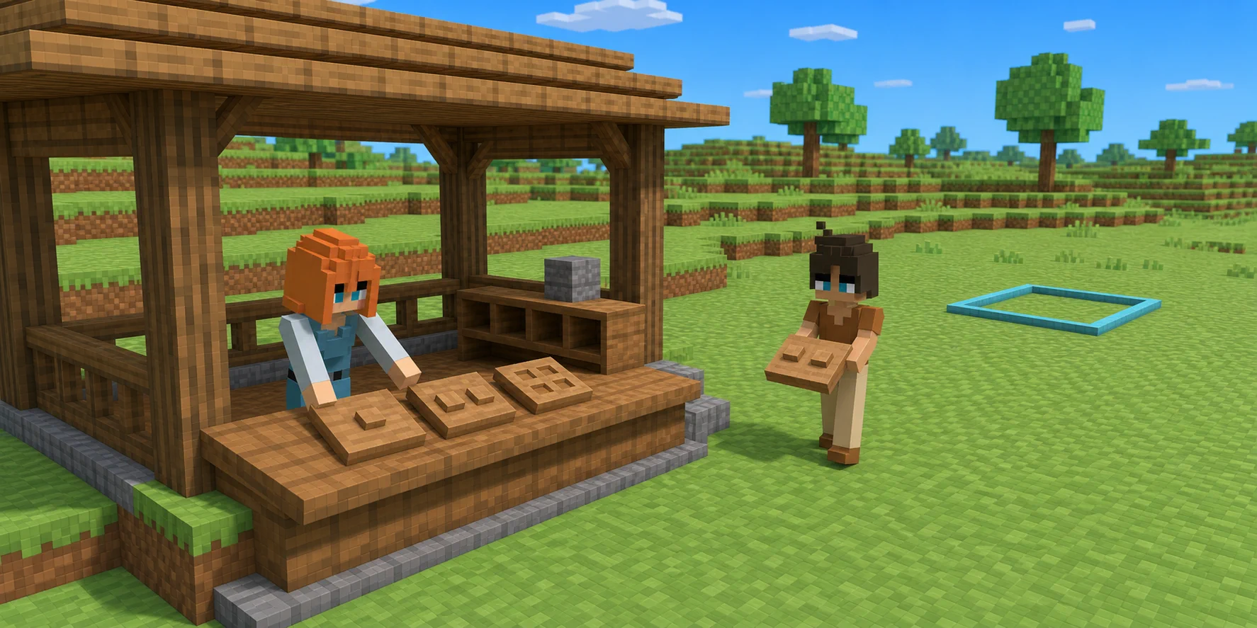 In a generated NiceChunk teaching scene, the canonical villager girl rearranges three loose blank wooden pieces with simple geometric pegs while the canonical boy holds another unsealed piece; an empty cyan ground frame remains separate in the grass.