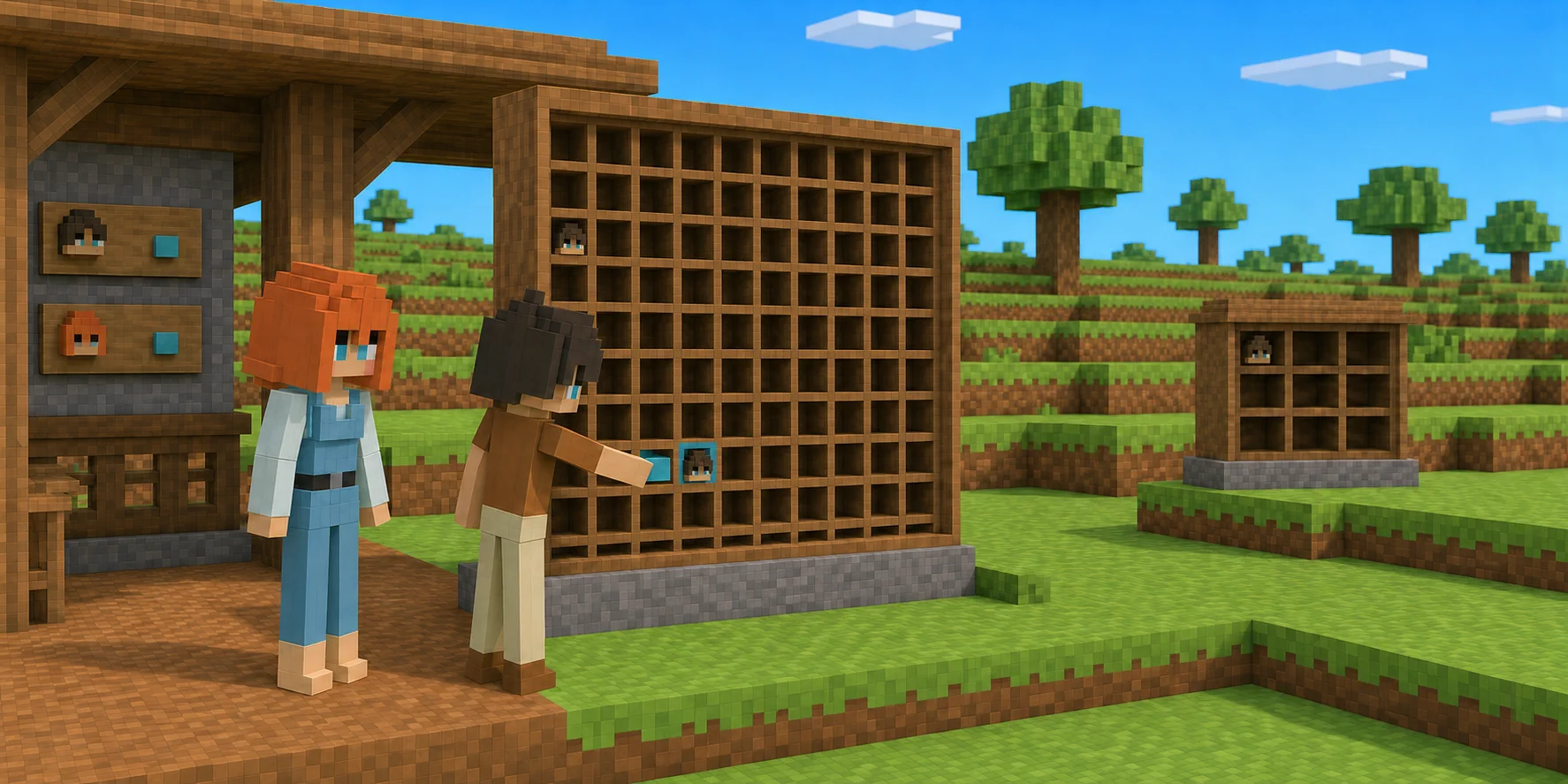 In a generated NiceChunk teaching scene, the canonical boy presses his own cyan-highlighted token into a large paged wooden cabinet while the canonical girl observes with hands away; an identical boy token and a separate later cabinet are also visible.