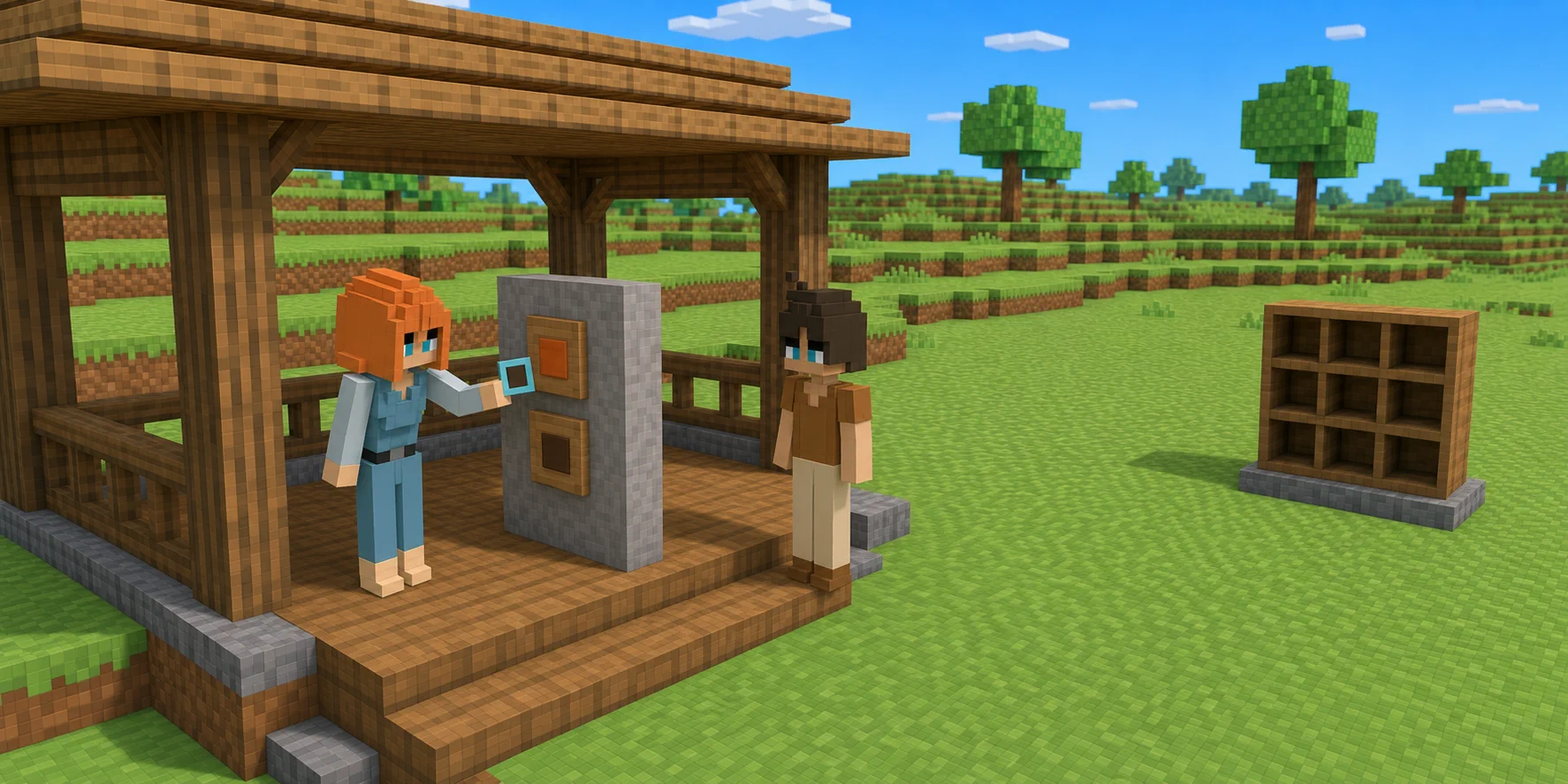 In a generated NiceChunk teaching scene, the canonical girl holds one cyan current marker beside the upper orange plaque of a stone registry while both the upper and lower plaques remain occupied; the canonical boy watches and a separate empty wooden cabinet stands far away.