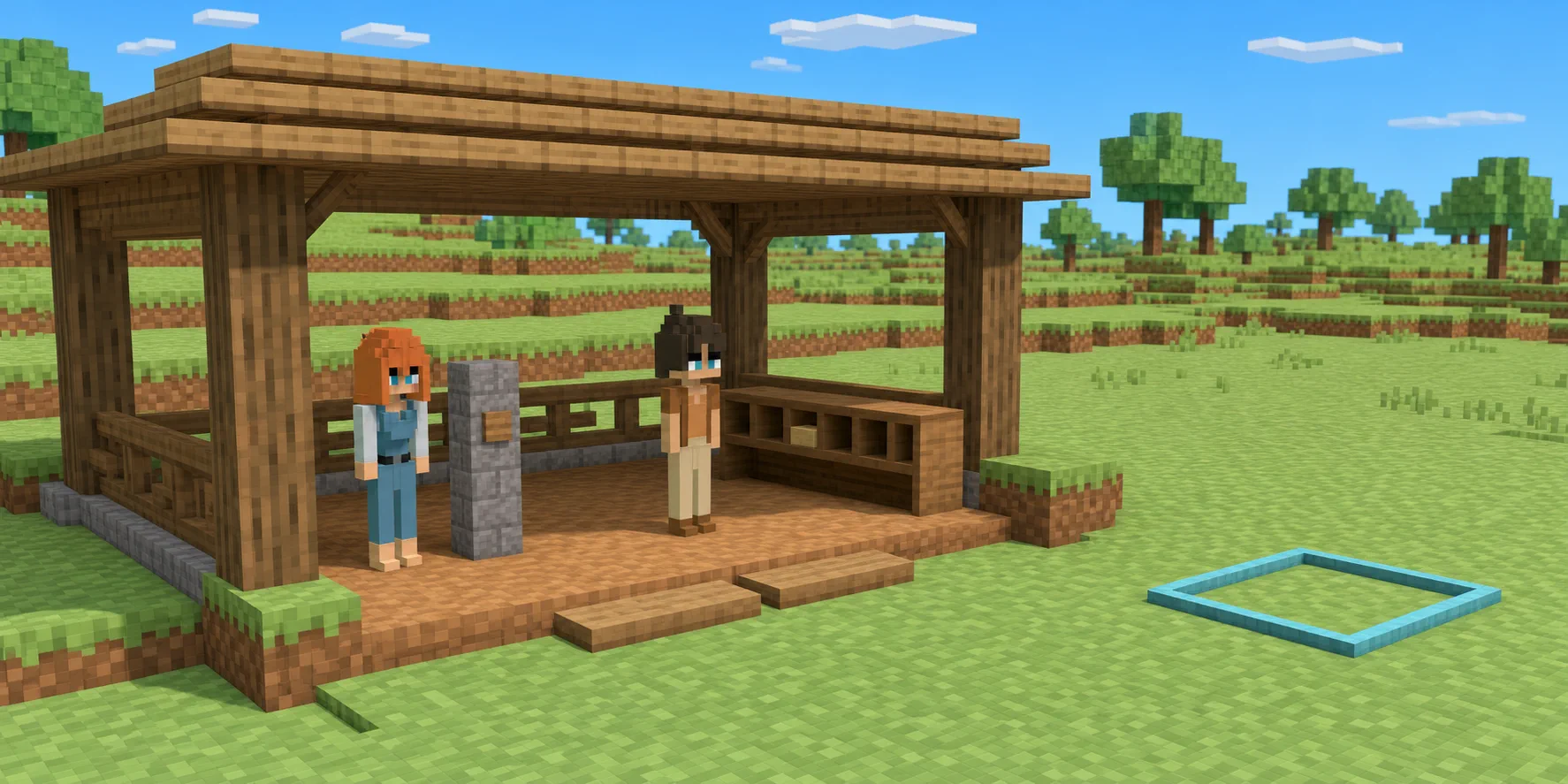 In a generated NiceChunk teaching scene grounded in the canonical villager models and real Chunk.js terrain, the girl stands beside a stone name marker, the boy stands by a separate wooden record cabinet, and an empty cyan ground frame sits farther away on the grass.