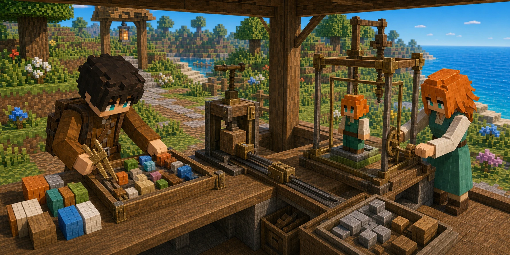In one game-anime workshop scene, the canonical villager boy sorts color-coded cuboid pieces into a mechanical rail press while the canonical villager girl turns a crank that assembles a miniature orange-haired villager on a platform; wood and stone construction pieces cover the bench, with real Chunk.js terrain and water outside.