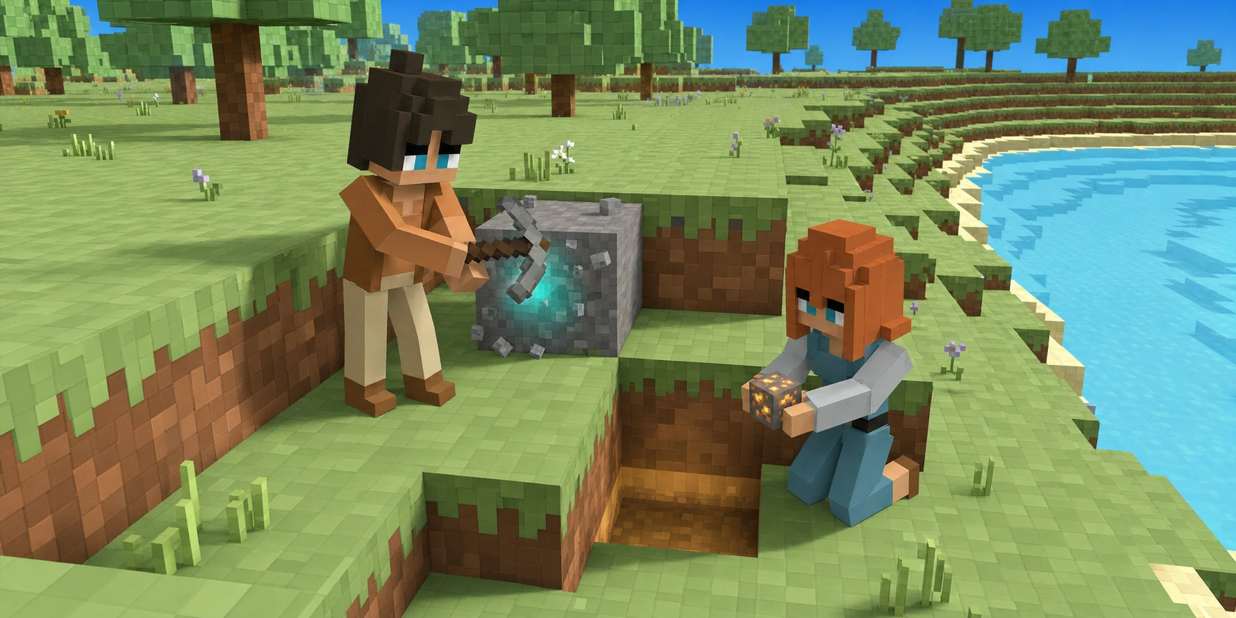 In a teaching scene generated from the canonical villagers and Chunk.js river-bank reference, the boy's cyan pickaxe contact leaves the target voxel present while the girl inspects a mineral beside an older cavity.