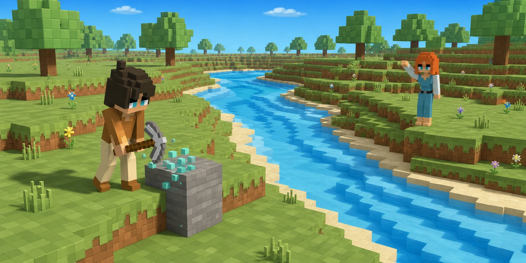 In a scene generated from the real Chunk.js river-bend reference, the canonical boy mines on the near bank while the canonical girl notices and waves from the opposite bank, with no authority device between them.