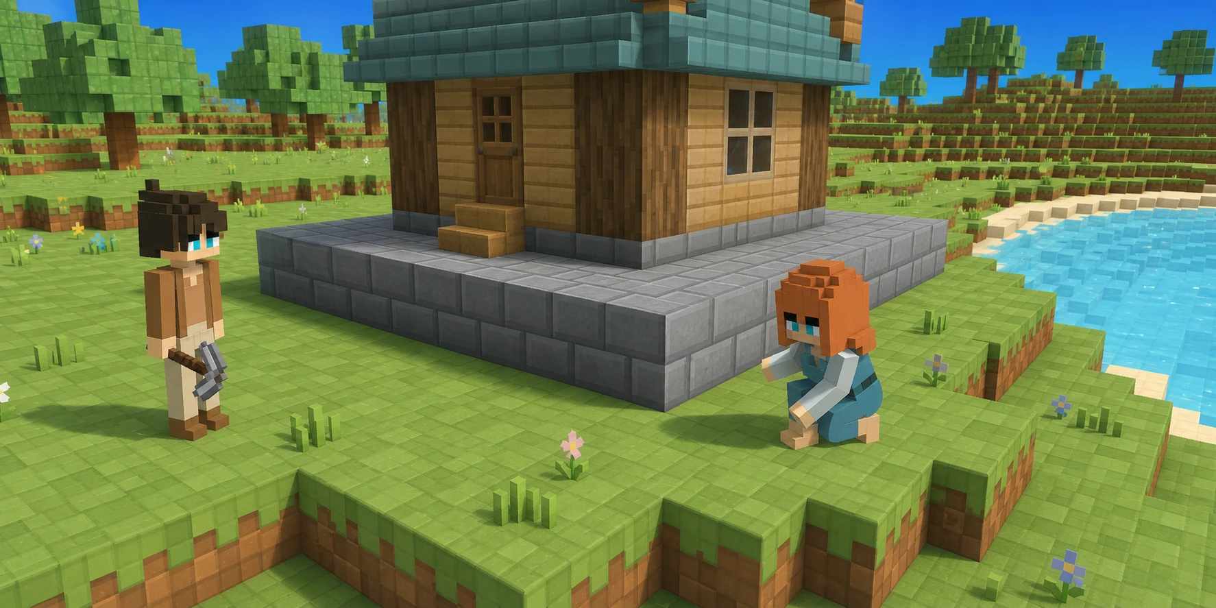 In a scene generated from the canonical villagers and Chunk.js river reference, the boy stops with his pickaxe lowered before a protected cottage foundation while the girl inspects the intact edge; there are no chips, sparks, gaps, or rewards.