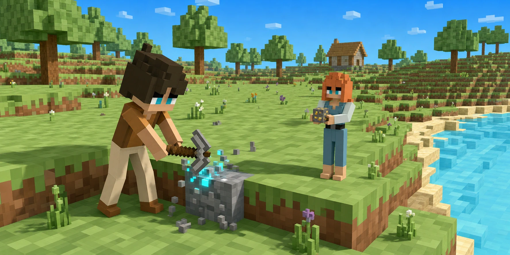 In an educational scene generated from the canonical villager and real Chunk.js river-bend references, the boy strikes a still-present stone voxel while the girl inspects a recovered mineral and a voxel cottage stands on a distant foundation.