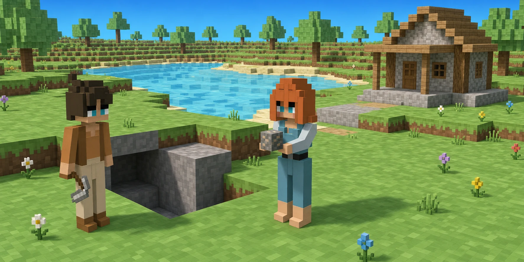 In a settlement scene generated from the Chunk.js river reference, the canonical boy stands beside a mined cavity, the girl holds a separate mineral, and a voxel cottage occupies its own rectangular foundation.