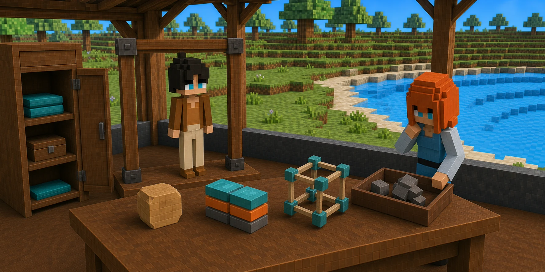 Generated voxel reconstruction bench with the canonical boy at a model frame, the canonical girl beside separate compact model blocks, a plain fallback cube, and stored cyan packages.