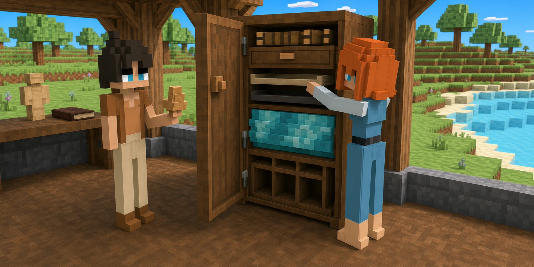 Generated voxel riverside archive where the canonical boy holds a small identity piece and the canonical girl opens a much larger cabinet with separate fixed storage regions.