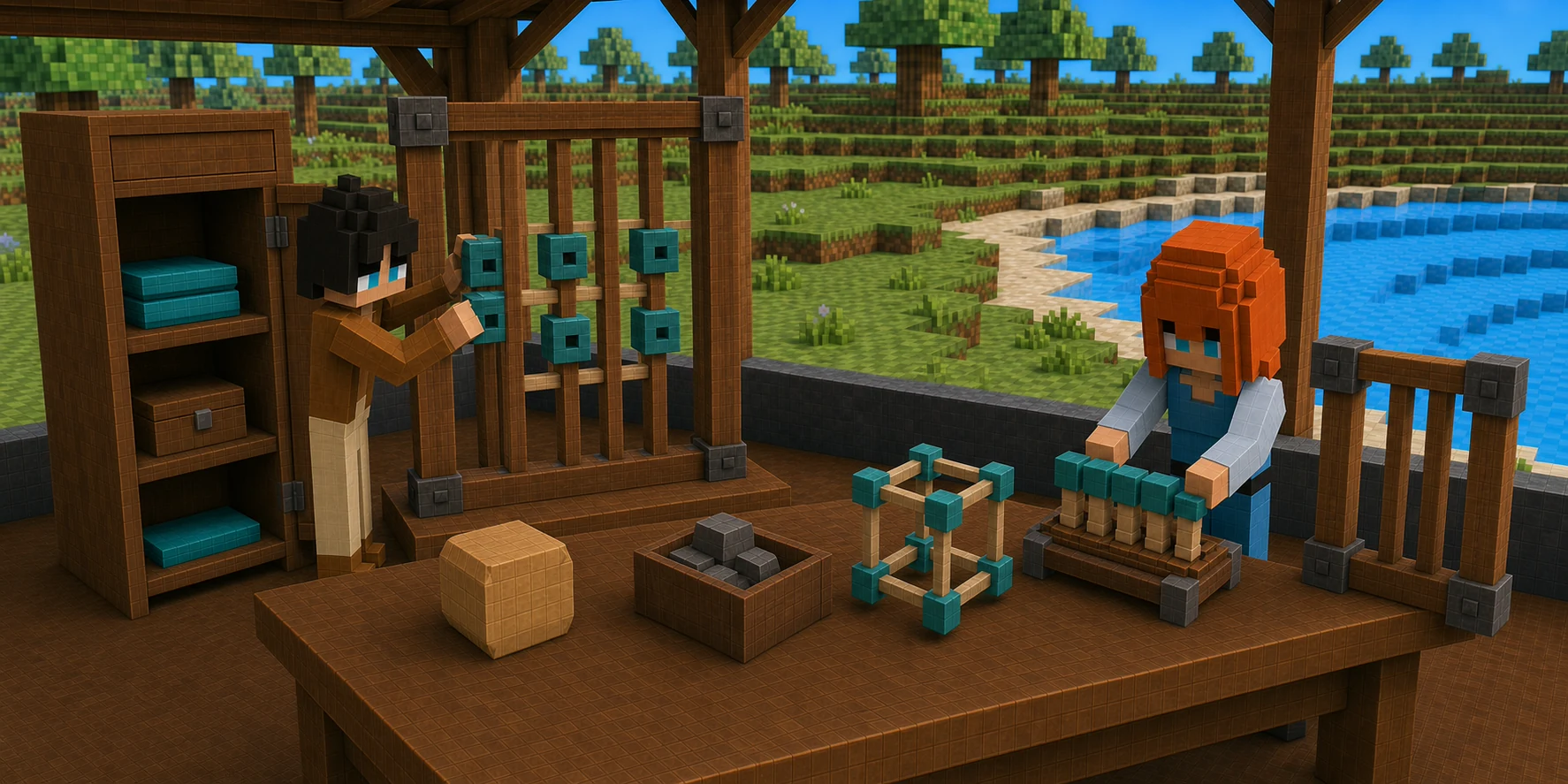 Generated voxel audit bench where the canonical boy inspects six cyan fixtures, the canonical girl compares a separate smaller five-part builder, and stored packages remain in a cabinet.